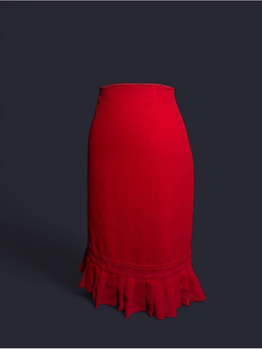 80s Vintage Women's Red Midi Pencil Skirt with Ruffle Hem